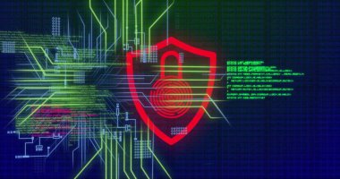 Siyah arkaplandaki asma kilit simgesi üzerinden veri işleme ve bağlantı ağının resmi. Küresel teknoloji, hesaplama, bağlantılar ve dijital arayüz konsepti dijital olarak oluşturuldu.