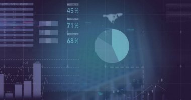 Şehirdeki finansal veri işleme görüntüsü. Küresel finans, iş, bağlantılar, hesaplama ve veri işleme kavramı dijital olarak oluşturuldu.