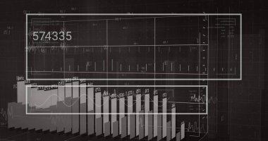 Siyah arkaplan üzerindeki dijital veri işleme ve istatistiklerin resmi. Dijital olarak oluşturulmuş küresel bağlantılar, hesaplama ve veri işleme kavramı.