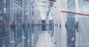 Sunucu odasında veri işleme resmi. Küresel teknoloji, bilgisayar ve dijital arayüz kavramı dijital olarak oluşturulmuş görüntü.