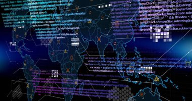Dünya haritası üzerinde dijital veri işleme resmi. Dijital olarak oluşturulmuş küresel bağlantılar, hesaplama ve veri işleme kavramı.