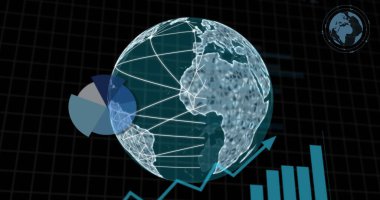 Şebeke arkaplanı üzerinden ağ bağlantıları ve finansal veri görüntüsüne sahip dünya. Küreselleşme, ağ, teknoloji, dünya, dijital, ekonomi