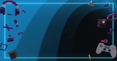 Oyun kontrolörlerinin, şekillerin, simgelerin ve mavi kıvrımların üzerindeki mavi çerçevenin görüntüsü. Bağlantı, veri, retro, boş zaman, işleme, dijital arayüz ve iletişim, dijital olarak oluşturulmuş resim.