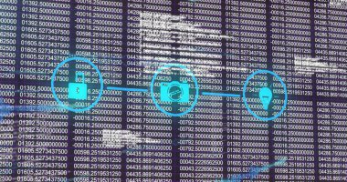 Siyah arkaplandaki simgelerle bağlantı ağı üzerinden dijital veri işleme resmi. Dijital olarak oluşturulmuş küresel bağlantılar, hesaplama ve veri işleme kavramı.