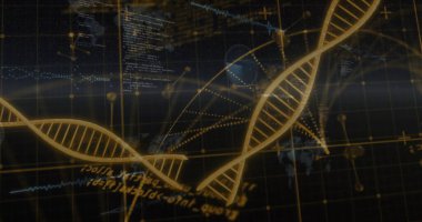 DNA ipliği üzerinde veri işleme resmi. Bilim, teknoloji ve dijital arayüz kavramı dijital olarak oluşturuldu.