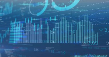 Mavi arka planda finansal veri işleme resmi. Küresel iş, finans, iletişim ve dijital arayüz kavramı dijital olarak oluşturulmuş görüntü.
