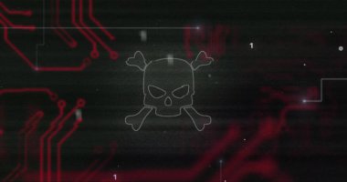 Kafatası ve çapraz kemikler kırmızı devre kartı ve ikili kod üzerinde. Siber güvenlik, hackleme, kötü amaçlı yazılım, dijital tehdit, siber saldırı, fidye yazılımı.