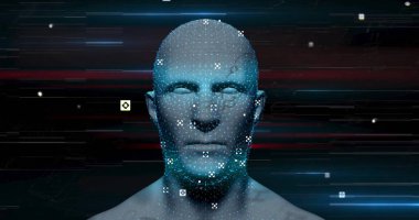 Şekiller ve ışık yolları üzerinde dijital insan görüntüsü. Teknoloji ve dijital arayüz kavramı dijital olarak oluşturuldu.