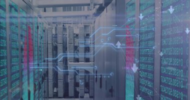 Sunucu odasındaki veri işleme ve bağlantı ağının resmi. Küresel teknoloji, bilgisayar ve dijital arayüz kavramı dijital olarak oluşturulmuş görüntü.