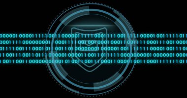 Image of data processing over shield icon and scope scanning. Business, technology and digital interface concept digitally generated image. clipart