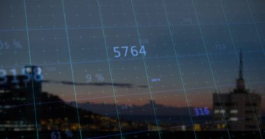 Şehir manzarası üzerinde veri işleme resmi. küresel iş ve dijital arayüz kavramı dijital olarak oluşturulmuş görüntü.