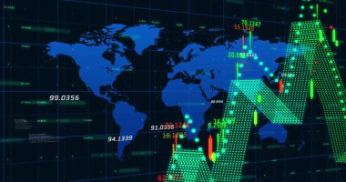 Dünya haritası üzerinde ağ ve dijital veri işleme resimleri. Dijital olarak oluşturulmuş küresel bağlantılar, hesaplama ve veri işleme kavramı.
