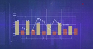 Mavi dijital görüntü arkaplanı üzerinde sayısal veri bulunan çizgi grafikleri. analitik, istatistik, teknoloji, iş, fütüristik, finans