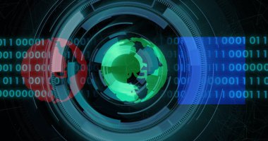 İkili kod ve veri işleme görüntüsü ile dönen dijital küre. Teknoloji, matris, ağ, siber uzay, fütüristik, bağlantı