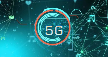 Siyah arkaplandaki simgelerle 5G ve bağlantı ağının resmi. Küresel teknoloji, bilim, bilgisayar ve dijital arayüz kavramı dijital olarak oluşturuldu.