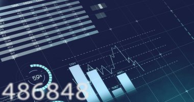 Karanlık arka planda istatistik ve finansal veri işleme resimleri. Küresel iş, bağlantılar, hesaplama ve veri işleme kavramı dijital olarak oluşturulmuş resim.