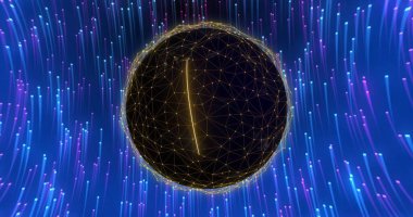 Birbirine bağlı çizgilere sahip geometrik küre canlı mavi ve mor ışık çizgileri üzerinde görüntü oluşturur. Soyut, teknoloji, dijital, geleceksel, ağ, bağlantılar