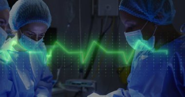 Ameliyat sırasındaki çeşitli cerrahların kardiyograf görüntüsü. Teknoloji, tıp ve dijital arayüz kavramı dijital olarak oluşturulmuş görüntü.