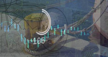 Harbour 'a demirlemiş bir teknenin üzerindeki grafik ve işleme verileri. Veri, dijital arayüz, bağlantı, seyahat, ulaşım, işleme, iş ve iletişim, dijital olarak oluşturulmuş görüntü.