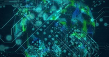 Veri işleme ve dünya üzerindeki bağlantı ağının resmi. Dijital olarak oluşturulmuş küresel bağlantılar, hesaplama ve veri işleme kavramı.