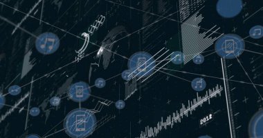 Simgelerle bağlantı ağı üzerinden veri işleme resmi. Küresel iş ve dijital arayüz kavramı dijital olarak oluşturulmuş görüntü.