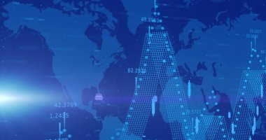 Finansal veri işleme ve borsa grafiklerine sahip dünya haritası. Finans, küresel, yatırım, ekonomi, analitik, büyüme