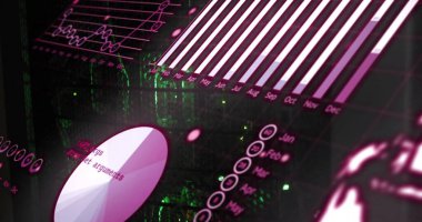 Sunucu odasının üzerindeki veri işleme ve diyagramlarının resmi. İş, teknoloji ve dijital arayüz kavramı dijital olarak oluşturuldu.