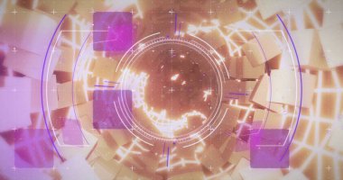 Parlayan elementler ve geometrik şekiller ile fütüristik dairesel arayüz görüntü oluşturur. Teknoloji, dijital, yenilik, siber, neon, holografik