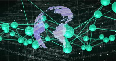 Kuzey Amerika üzerinde kırmızı daireli küre, yeşil kürelere bağlı görüntü. Genel, ağ, bağlantı, dijital, teknoloji, iletişim