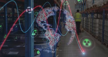 Grafiklerin, veri işlemenin ve piksel küreyi eşya deposuna koymanın resmi. Veri, dijital arayüz, bağlantı, endüstri, işleme, iş ve küresel iletişim, dijital olarak oluşturulmuş görüntü.