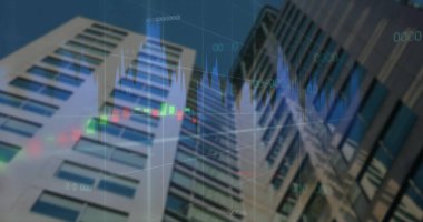 Şehir manzarası üzerindeki veri işleme ve diyagramlarının resmi. Küresel iş ve dijital arayüz kavramı dijital olarak oluşturulmuş görüntü.