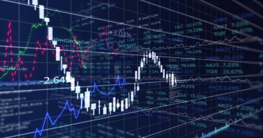 Siyah arka planda finansal veri işleme resmi. Küresel iş, finans, iletişim ve dijital arayüz kavramı dijital olarak oluşturulmuş görüntü.