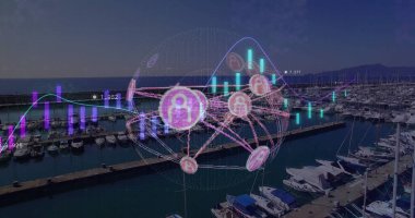 Finansal veri işleme görüntüsü deniz limanı ve dünya üzerinde. Küresel gönderim, iş, bağlantılar, hesaplama ve veri işleme kavramı dijital olarak oluşturuldu.