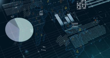 Dünya haritası üzerinde şema ve veri işleme resimleri. Küresel teknoloji ve dijital arayüz konsepti dijital olarak oluşturuldu.