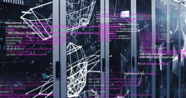 Bilgisayar sunucuları üzerinden veri işleme resmi. Küresel iş, finans, hesaplama ve veri işleme kavramı dijital olarak oluşturulmuş görüntü.