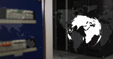 World map image over server racks in data center. Technology, network, IT, information technology, global, digital clipart