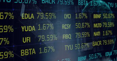 Dünya çapında finansal veri işleme görüntüsü. Küresel finans, iş, bağlantılar, hesaplama ve veri işleme kavramı dijital olarak oluşturuldu.