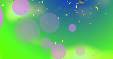 Yeşil ve mavi arka planda yüzen pembe balonların üzerinde altın konfetileri. Parti, olay ve kutlama, dijital olarak oluşturulan görüntü.