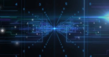 Mavi neon şekiller üzerinde veri işleme görüntüsü. İş, teknoloji ve dijital arayüz kavramı dijital olarak oluşturuldu.
