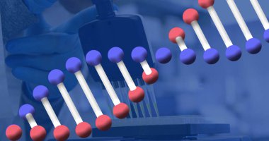 Laboratuvardaki bilim adamının üzerinde DNA ipliği ve bilimsel veri işleme resmi. Küresel bilim, bağlantılar, hesaplama ve veri işleme kavramı dijital olarak oluşturulmuş görüntü.