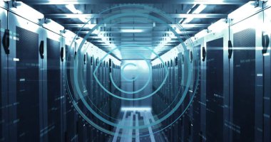 Bilgisayar sunucuları üzerinden dijital veri işleme resmi. Küresel siber güvenlik, bağlantılar, hesaplama ve veri işleme kavramı dijital olarak oluşturuldu.