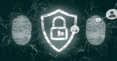 Ağ bağlantıları ve kullanıcı simgeleri üzerinde dijital güvenlik kilidi ve parmak izi resmi. Siber güvenlik, koruma, teknoloji, kimlik doğrulama, biyometrik, şifreleme