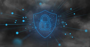 Leke ve kalkandaki asma kilit fırtınanın üstünde. Teknoloji, sosyal medya ve dijital arayüz kavramı dijital olarak oluşturuldu.