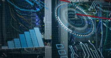 Sunucu odasında veri işleme resmi. Küresel teknoloji, bilgisayar ve dijital arayüz kavramı dijital olarak oluşturulmuş görüntü.