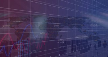 Dünya haritası üzerinde finansal veri işleme resmi. Küresel finans, iş, bağlantılar, hesaplama ve veri işleme kavramı dijital olarak oluşturuldu.