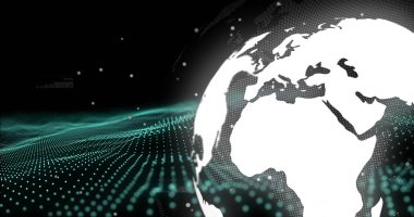 Dijital küre ve veriler koyu arkaplandaki görüntüyü gösteriyor. Teknoloji, fütüristik, ağ, siber uzay, sanal, bağlantı