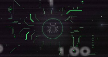 İkili kod ve hata simgesi resmi koyu arkaplan üzerinde. Siber güvenlik, teknoloji, programlama, dijital, bilgisayar, hacker