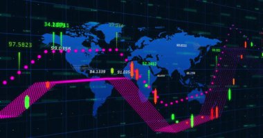 Dünya haritası üzerinde ağ ve dijital veri işleme resimleri. Dijital olarak oluşturulmuş küresel bağlantılar, hesaplama ve veri işleme kavramı.