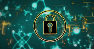 Sembol resmini moleküler yapılarla soyut dijital arkaplana kilitle. Siber güvenlik, veri, koruma, şifreleme, teknoloji, ağ