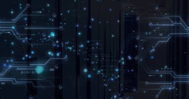 Bilgisayar sunucuları üzerinden veri işleme resmi. Dijital olarak oluşturulmuş küresel bağlantılar, hesaplama ve veri işleme kavramı.